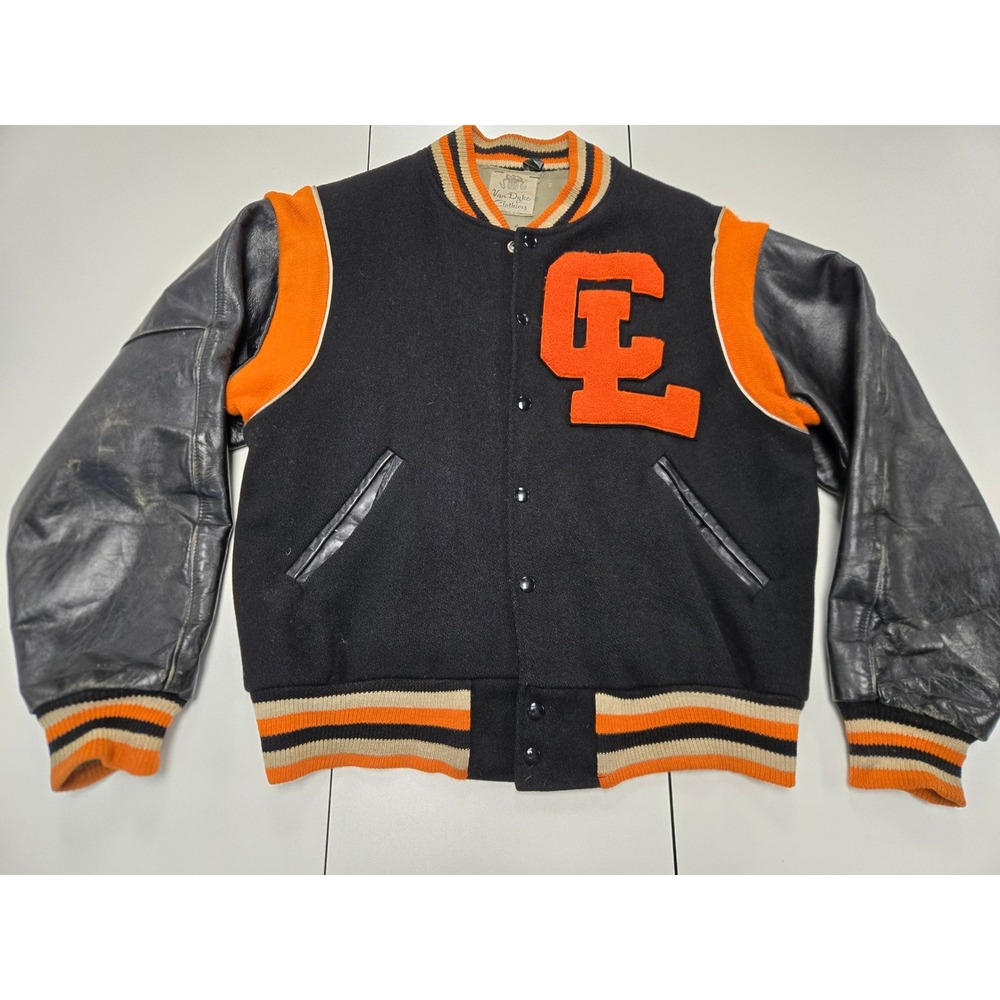Vintage Van Dyke Clothiers Varsity Jacket Med Black Orange Wool Leather Sleeve